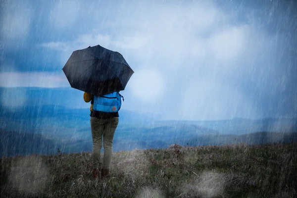 Silhouette Une Fille Sous Pluie Avec Parapluie — Photo