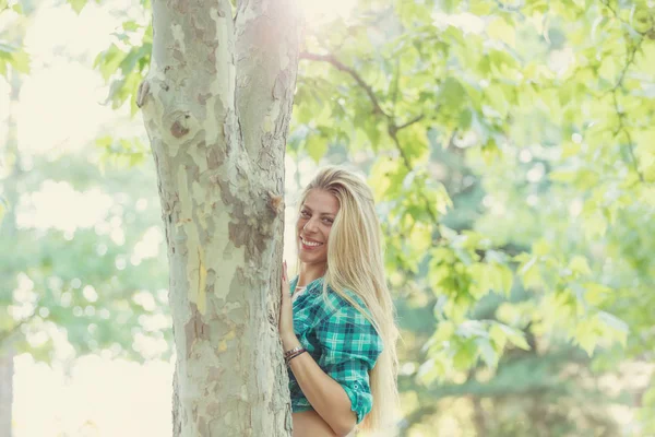 Cute Smiley Blonde Girl Touching Tree Nature — Stock Photo, Image