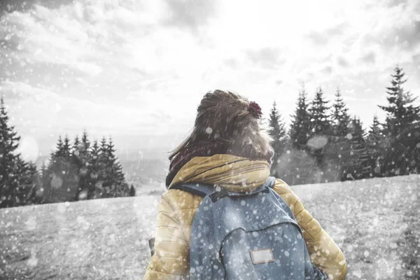 Chica Disfrutando Montaña Vista Invierno Nieve Naturaleza —  Fotos de Stock