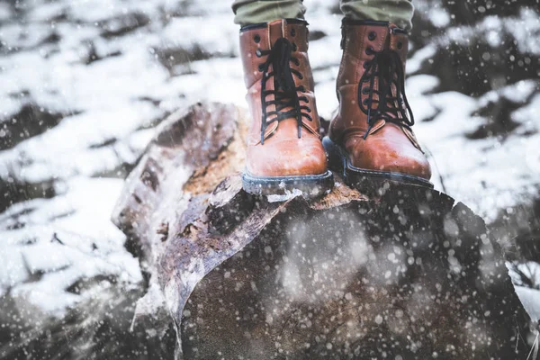 Menina Toco Árvore Natureza Com Queda Neve — Fotografia de Stock