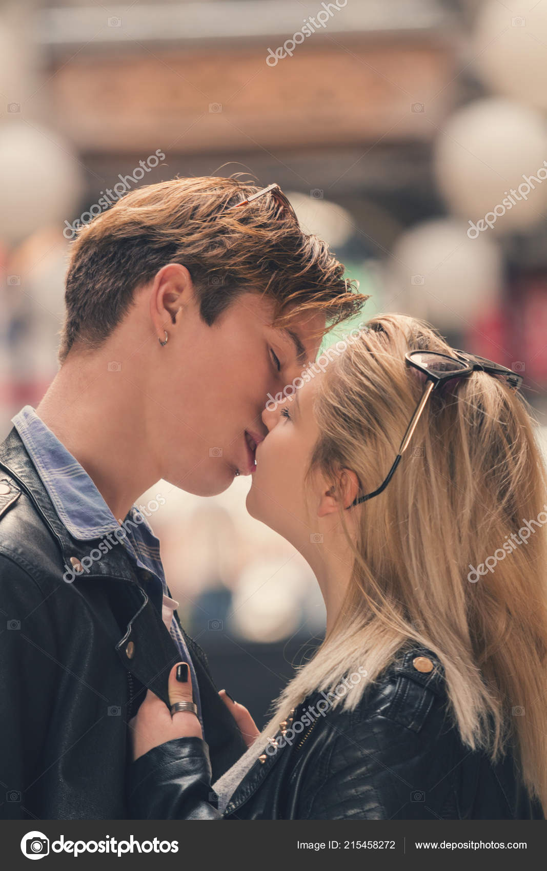 Young Cute Couple Kissing Urban Surroundigs Stock Photo by ...