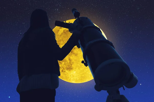 Ragazza Che Guarda Stelle Luna Piena Attraverso Telescopio — Foto Stock