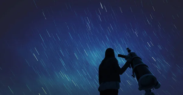 Chica Mirando Las Estrellas Través Telescopio —  Fotos de Stock