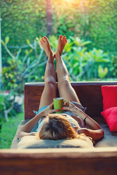 Girl Enjoying Morning Coffee Garden Sofa — Stock Photo, Image