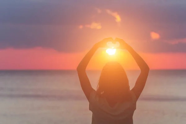 Girl Holding Heart Shape Symbol Her Hands Fingers — Stok Foto