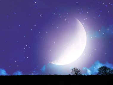 Manzara siluetleri arkasında yükselen Moon. Benim astronomi çalışmaları.