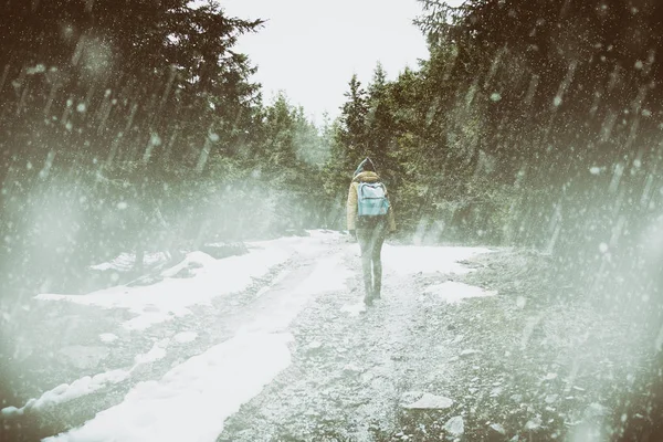 Κορίτσι Πεζοπορία Μέσα Από Ένα Ανώμαλο Έδαφος Χρόνο Χειμώνα Φθινόπωρο — Φωτογραφία Αρχείου
