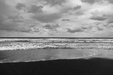 Black sand volcano beach on the ocean / sea coast.