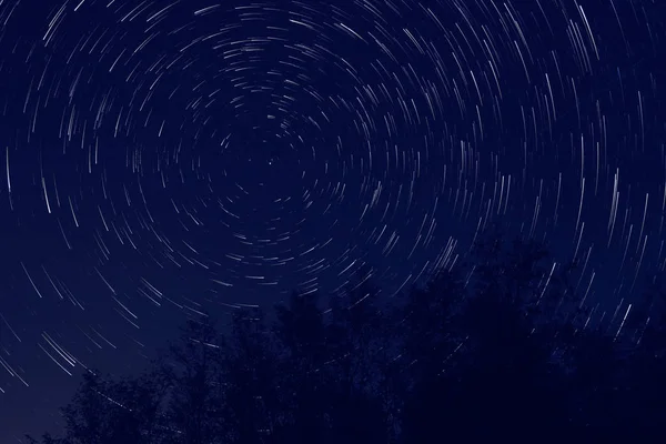 Milky way stars trails around north polar star and trees silhouettes in nature.