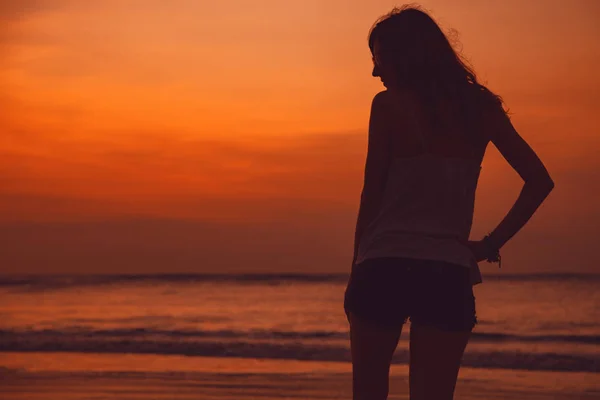 Silhouette Girl Sunset Sunrise Time Ocean — Stock Photo, Image