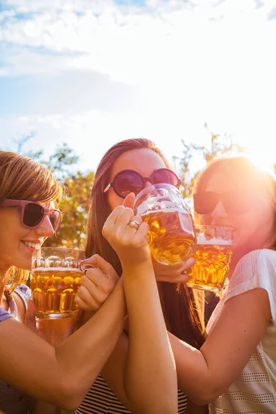 Grupo Mujeres Jóvenes Disfrutando Aire Libre Con Cerveza — Foto de Stock