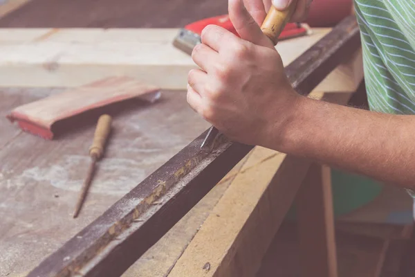 Carpenter Working Wood His Shop — Stock Photo, Image