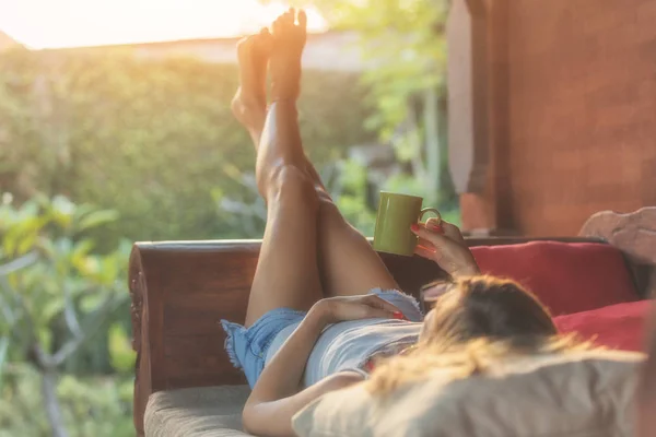Girl Enjoying Morning Coffee Porch — Stock Photo, Image
