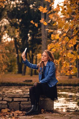 Sevimli kız Park sonbahar renkleri ile cep telefonu kullanarak.