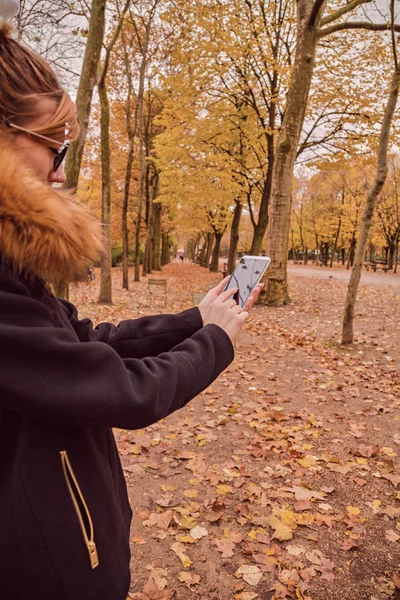 Girl Using Cellphone Park Autumn Colors — Stock Photo, Image