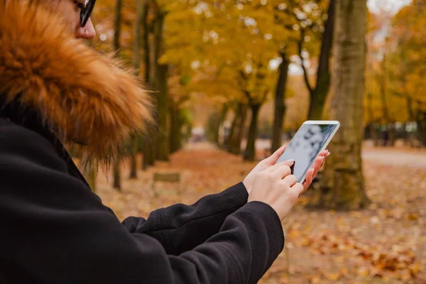 Őszi Színű Park Mobiltelefon Segítségével — Stock Fotó