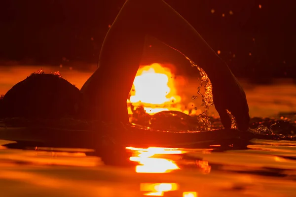 Silhouette Eines Mannes Der Den Tropischen Spiegelungen Schwimmt — Stockfoto