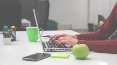 Laptop proje üzerinde çalışan kadın tasarımcı.