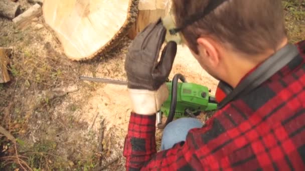 Lumberjack Chainsaw Pile Cut Woods — Stock Video