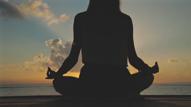 Yong Frau Praktiziert Yoga Meer — Stockvideo
