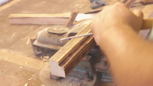 Carpinteiro Interior Trabalho Com Madeira — Vídeo de Stock