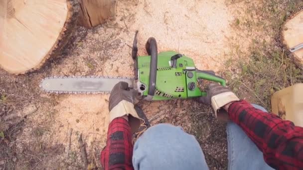 Bûcheron Avec Tronçonneuse Tas Bois Coupé — Video