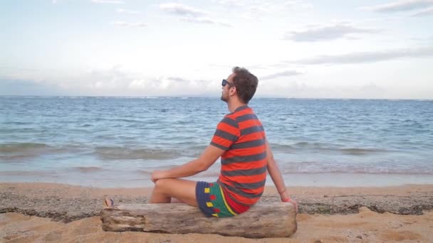 Homem Shirt Listrada Sentado Log Beira Mar — Vídeo de Stock