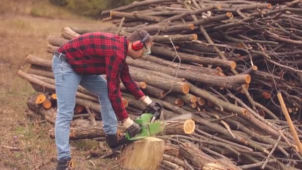 Tagliaboschi Con Motosega Mucchio Legno Tagliato — Video Stock