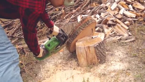 Bûcheron Avec Tronçonneuse Tas Bois Coupé — Video