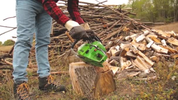 Drwal Piłą Łańcuchową Kupie Cięcia Drewna — Wideo stockowe