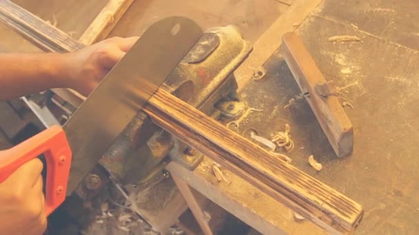 Homem Carpinteiro Trabalhando Com Prancha Madeira Removendo Camadas Ruins — Vídeo de Stock