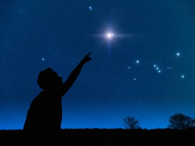 Yıldızlı gece gökyüzünü işaret eden adam. Bu görüntünün öğeleri
