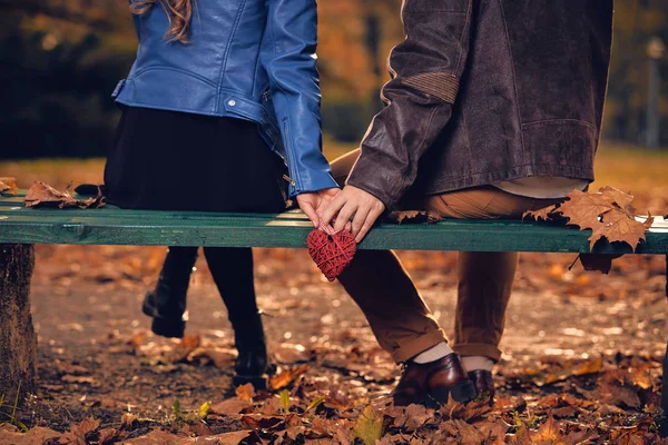 Par i höst säsong färgade park njuter utomhus. — Stockfoto