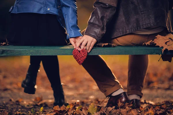 Paar in de herfst seizoen gekleurde park genieten van buiten. — Stockfoto