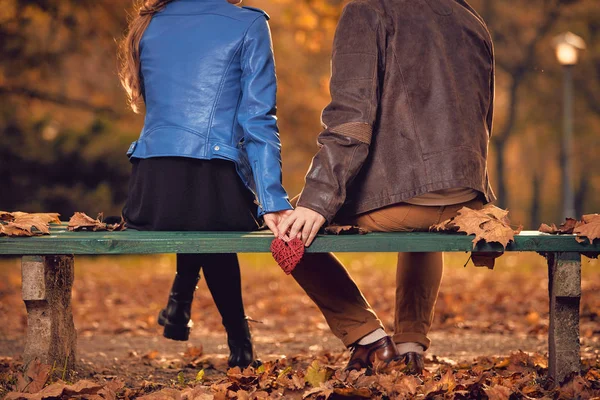 Pareja en la temporada de otoño colorido parque disfrutando al aire libre . — Foto de Stock