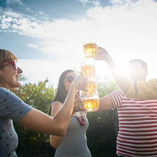 Grupp unga människor njuter och jublande öl utomhus. — Stockfoto