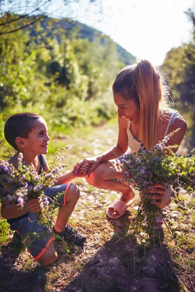 Mutter und Sohn pflücken Blumen / Kräuter in der Natur. — Stockfoto