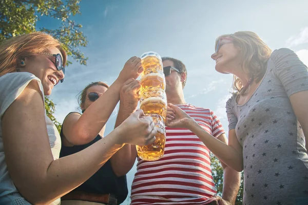 Gençlerin bir grup zevk ve açık havada bira tezahürat.
