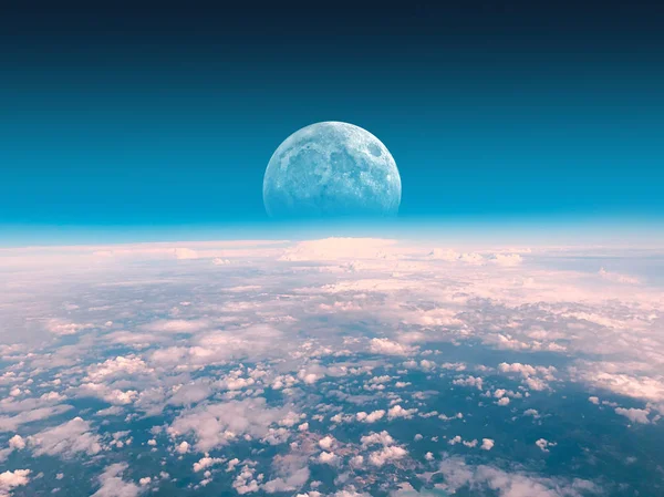 Media Luna saliendo del horizonte de la Tierra sobre las nubes. Mi pasado. — Foto de Stock