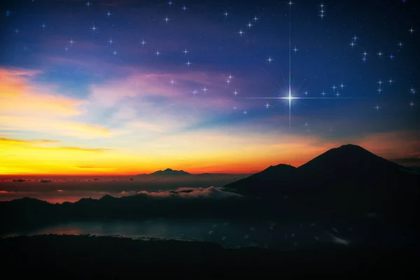 Stars and landscape in sunset / sunrise time.