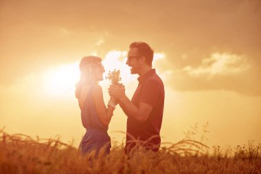 Bir buğday alanında günbatımı/gündoğumu zaman çift.