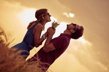 Bir buğday alanında günbatımı/gündoğumu zaman çift.