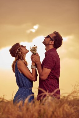 Bir buğday alanında günbatımı/gündoğumu zaman çift.