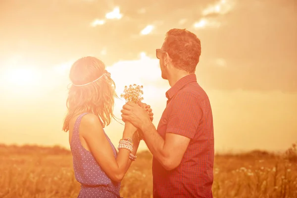 Pareja en la puesta del sol / salida del sol en un campo de trigo . —  Fotos de Stock