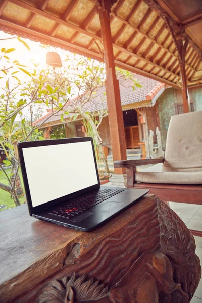 Ноутбук на домашньому ганку / патіо з видом на сад . — стокове фото