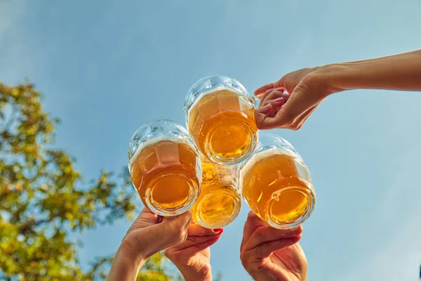 Grupo de jóvenes disfrutando y animando la cerveza al aire libre . — Foto de Stock