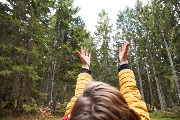 Doğadaki Kadın Ellerini Havaya Kaldırır Doğal Titreşimlerin Tadını Çıkarır — Stok fotoğraf