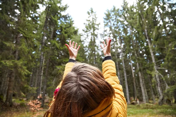 Femeia Natură Deține Mâinile Aer Bucură Vibrații Naturale Bune — Fotografie, imagine de stoc