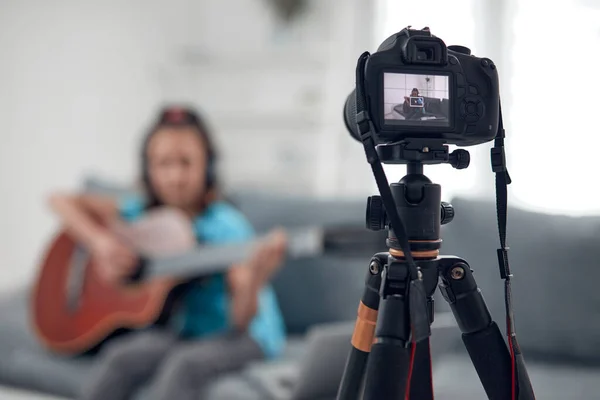 Child Guitarist Making Video Lessons Tutorials Internet Vlog Website Classes — Stock Photo, Image