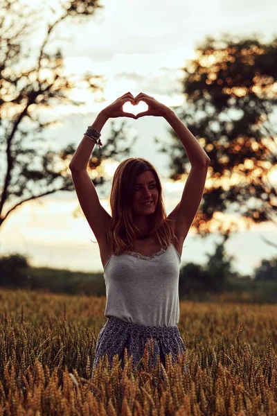 Woman Nature Holding Heart Shape Symbol Made Hands — Stock Photo, Image